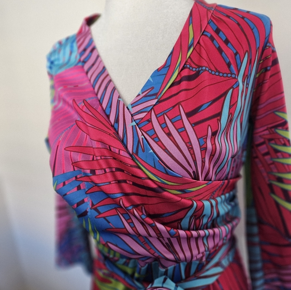 Tropical Women's Multicolor Palm Print Faux Wrap Maxi Dress Size M. - Picture 8 of 13